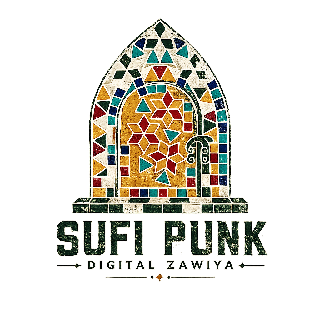 Sufi Punk · Digital Zawiya — a hand-painted mosaic gateway in deep green, gold, red, navy, and teal, with a small wall-fountain spout, set above the wordmark SUFI PUNK · DIGITAL ZAWIYA in a distressed serif.