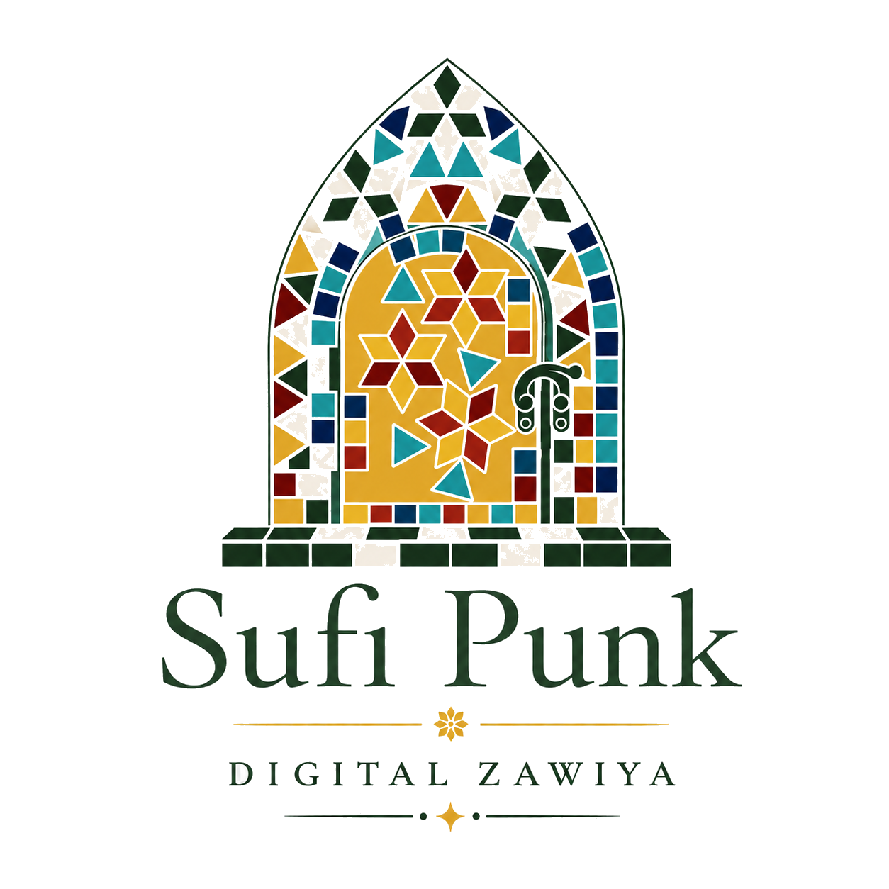 Sufi Punk · Digital Zawiya — a refined mosaic gateway above the wordmark Sufi Punk in deep-green serif, with Digital Zawiya set beneath in small caps.