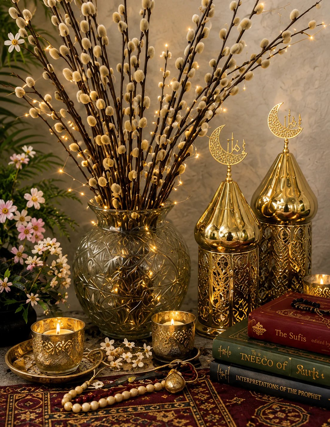 A cut-glass vase of pussy-willow stems threaded with small lights, two golden domed lanterns with crescent-moon finials, votive candles and prayer beads spilled across a deep-red carpet — a candle-lit, evening scene.