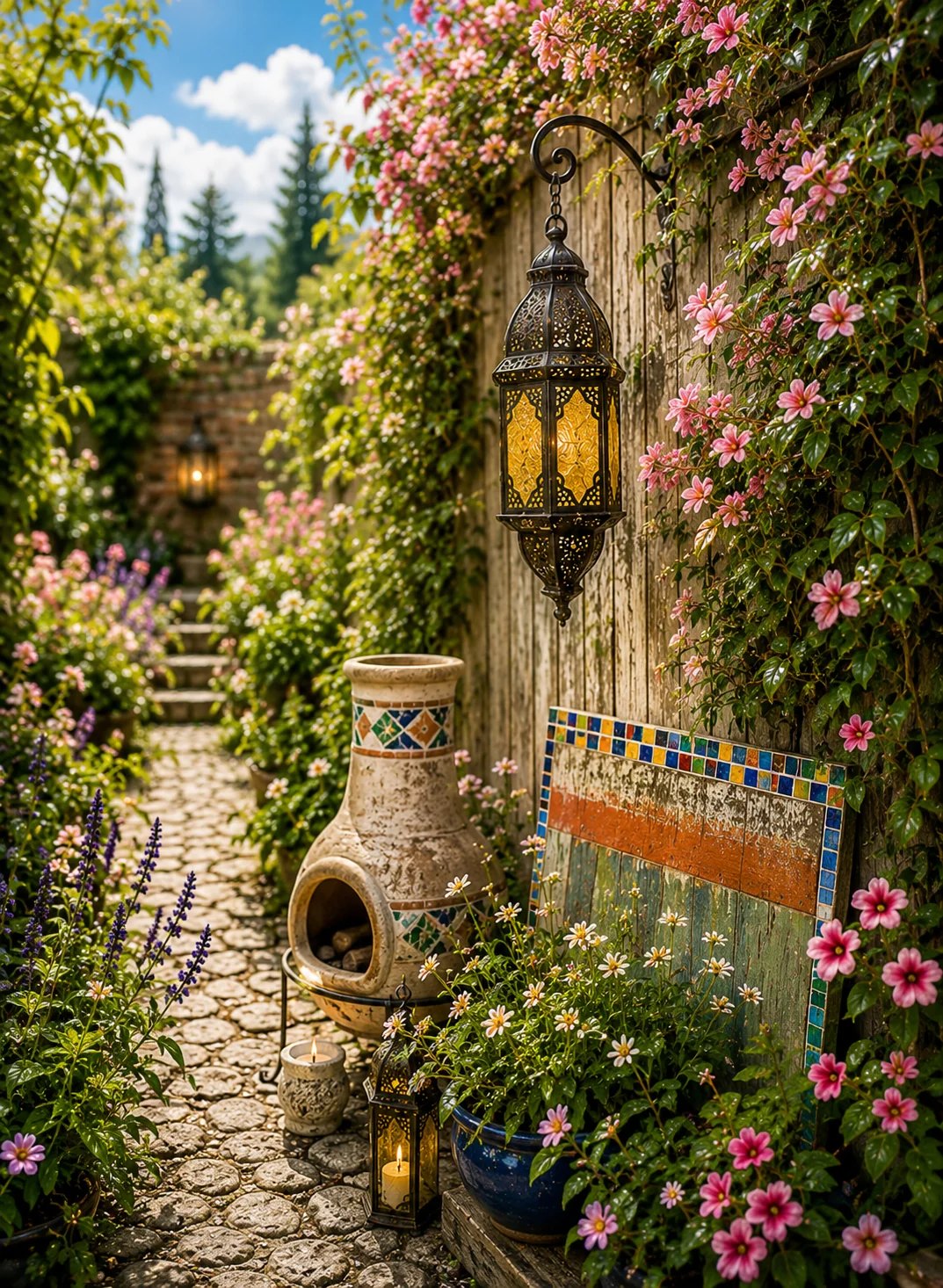 A sheltered cobblestone corner with a clay chiminea, an ornate Moroccan lantern hanging on a weathered wooden gate, jasmine and lavender at the base, and a small tile-edged board leaning against the fence.