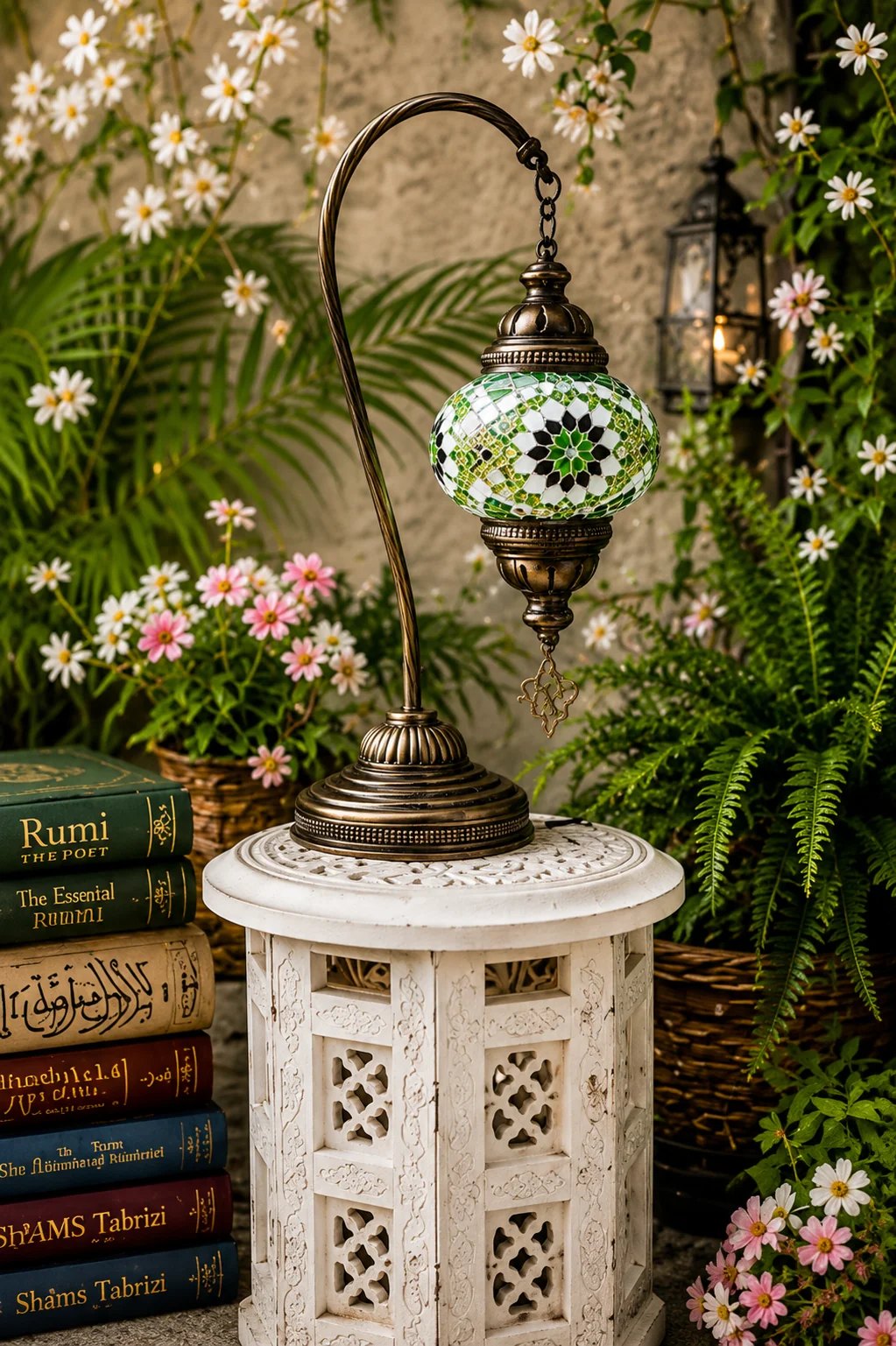 A green-and-white mosaic lantern arched over a carved white stone pedestal, with a stack of books beside it and daisies and pink cosmos in the surrounding garden.