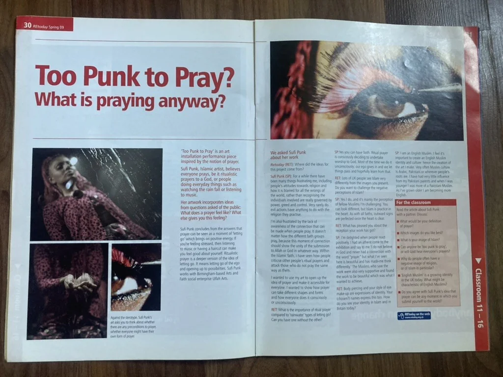 REtoday magazine, Spring 2009 — a two-page spread headed ‘Too Punk to Pray? What is praying anyway?’, with photographs of Sufi Punk performing and three reflective questions for classroom discussion.